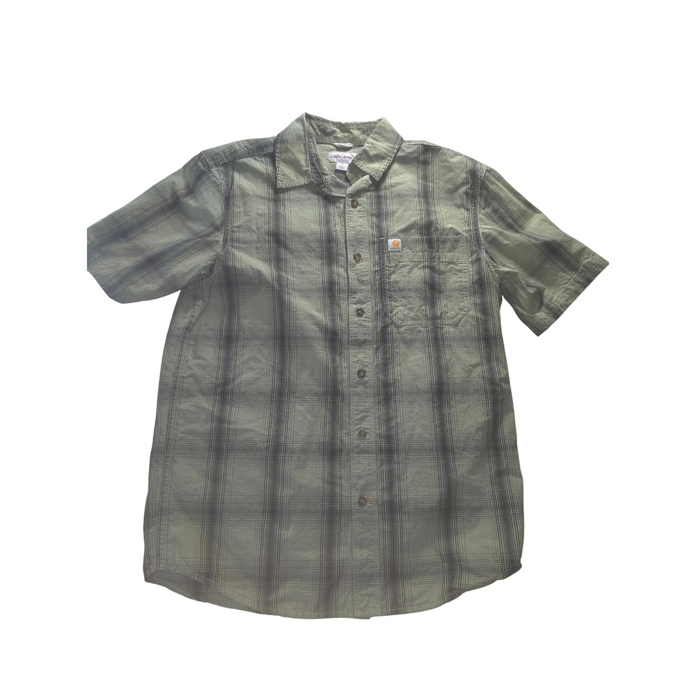 Carhartt Mens Relaxed Fit Short Sleeve Plaid Button Down Shirt Green Size M